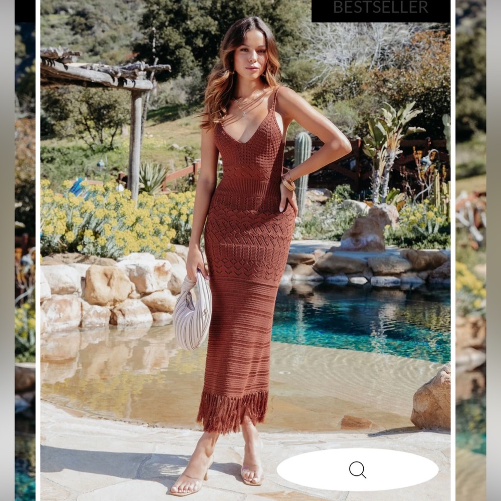Vici Brown Crochet Midi Dress with Fringe